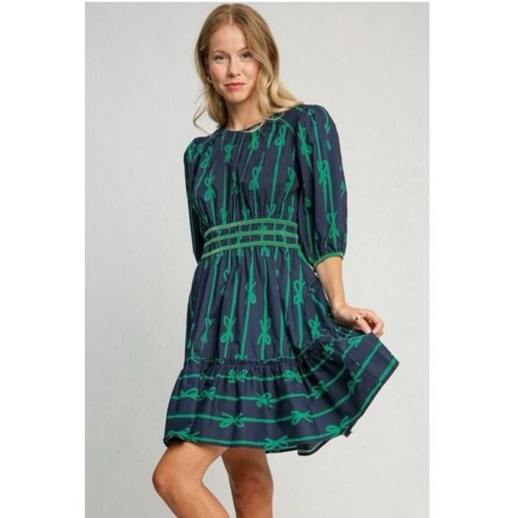 Umgee Ribbon Print Puff Sleeve Velvet Trim Boho Mini Dress Casual Holiday L - Picture 2 of 11